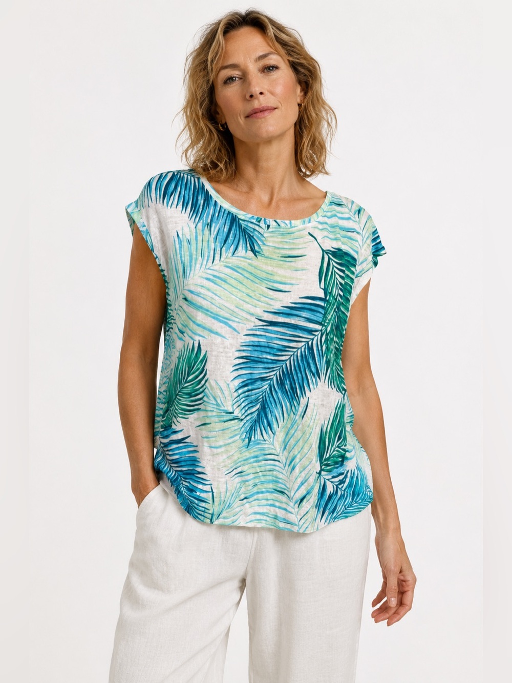 Tahari 100% Linen Palm Leaf Print Button Back Top Aqua Teal White Medium